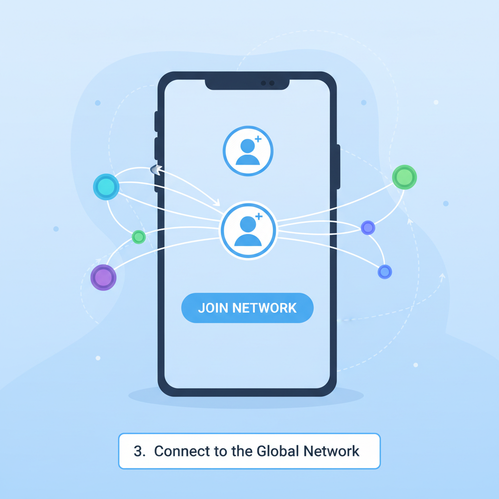 user joining network on app, interconnected nodes, data flow visualization