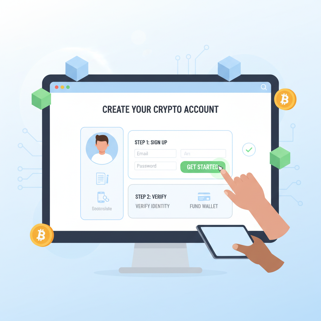person signing up on modern web app dashboard, crypto theme, clean UI