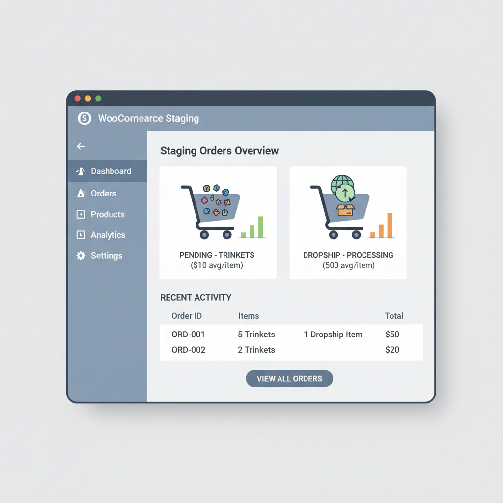 WooCommerce staging dashboard with shopping carts showing $10 trinkets and $500 dropship items, clean UI