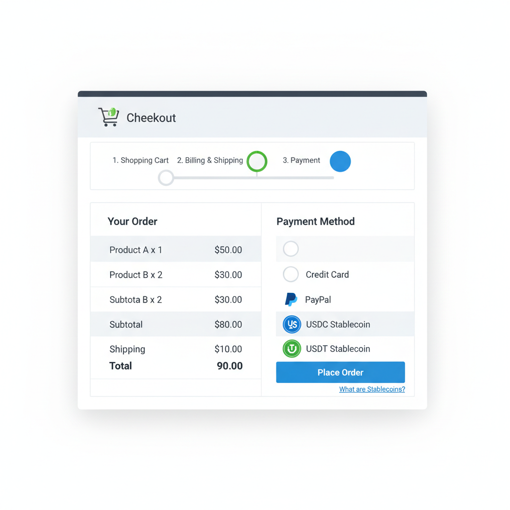 WooCommerce checkout page highlighting USDC USDT stablecoin payment gateway option