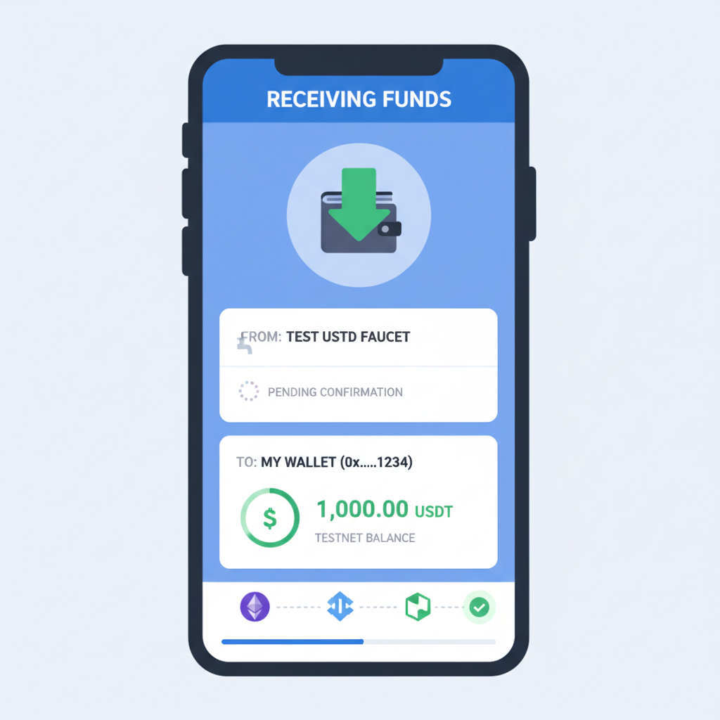 Crypto wallet interface receiving test USDT from faucet, blockchain network icons