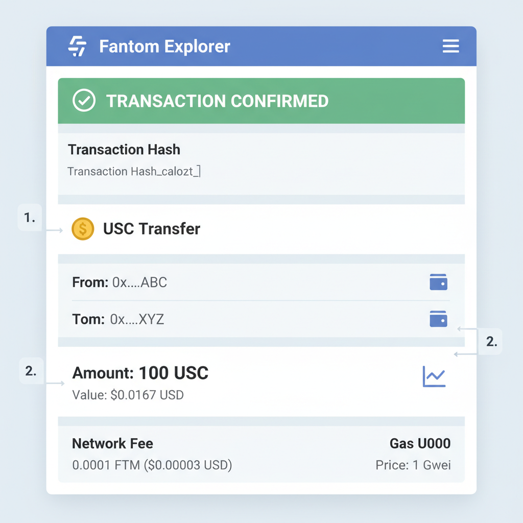 Blockchain explorer showing USDC transaction confirmation on Fantom chain at $0.0167 price