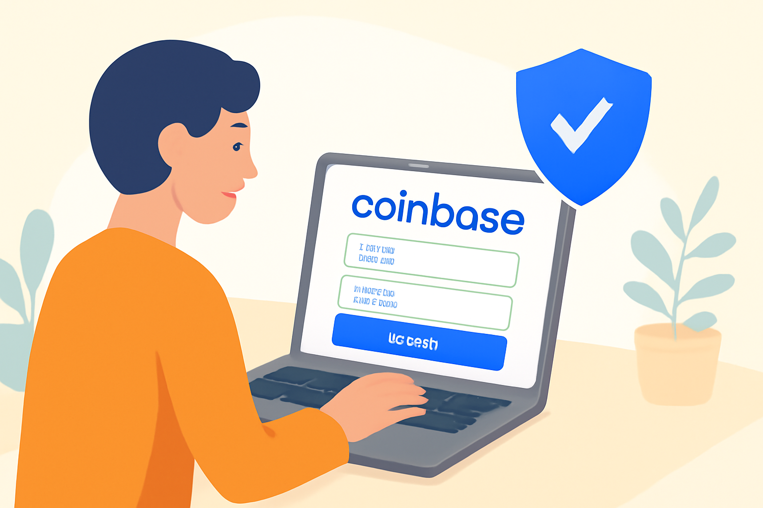 A person signing up on Coinbase website on a laptop, with a shield icon representing security, in a bright, welcoming style.