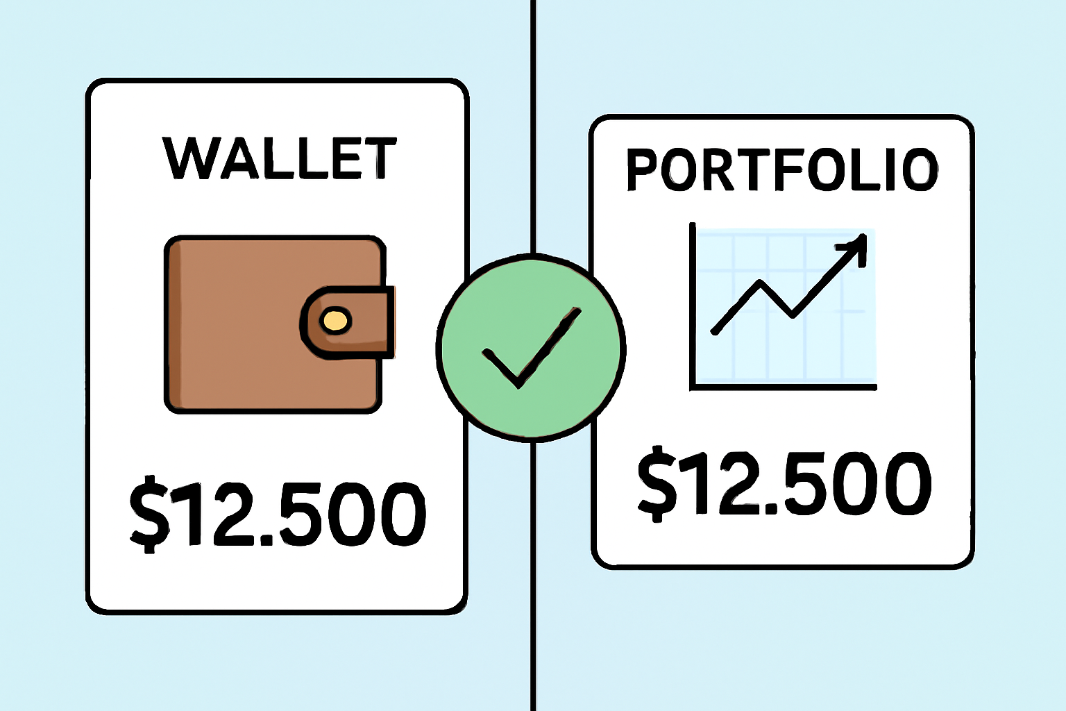 A split screen showing a wallet app and a portfolio tracker app, both displaying matching balances, with a checkmark between them