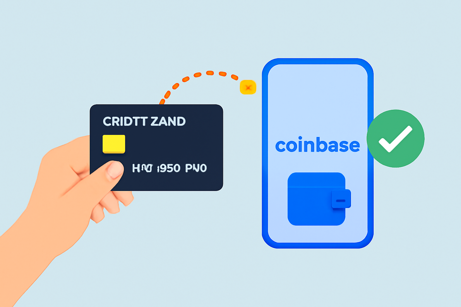 A hand holding a credit card, transferring money into a digital Coinbase wallet, with a green checkmark for confirmation.
