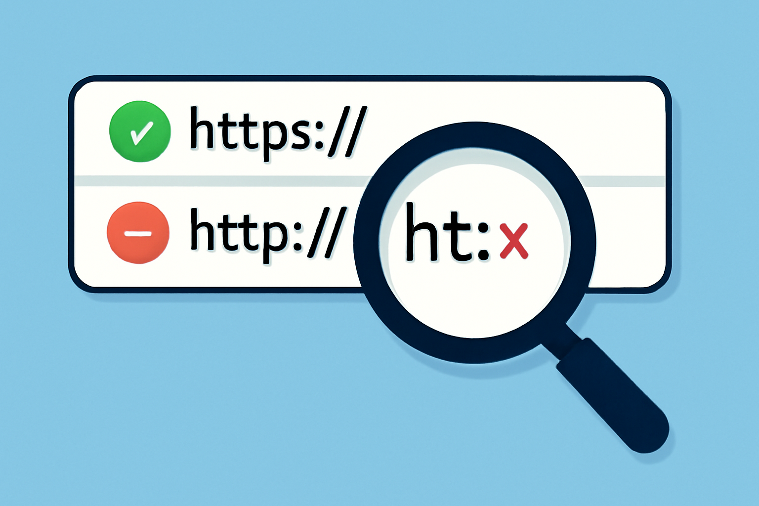 A magnifying glass inspecting a URL bar with a green checkmark and a red cross on a suspicious link.