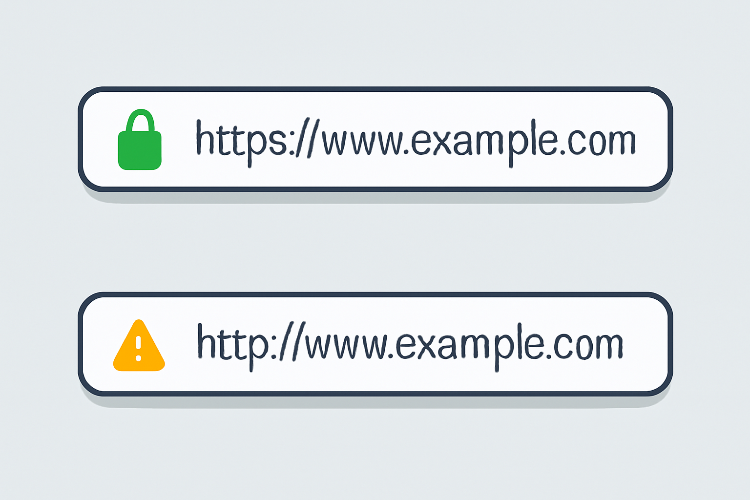 A browser address bar with a green lock and a verified URL, and a warning sign next to a suspicious link, digital art