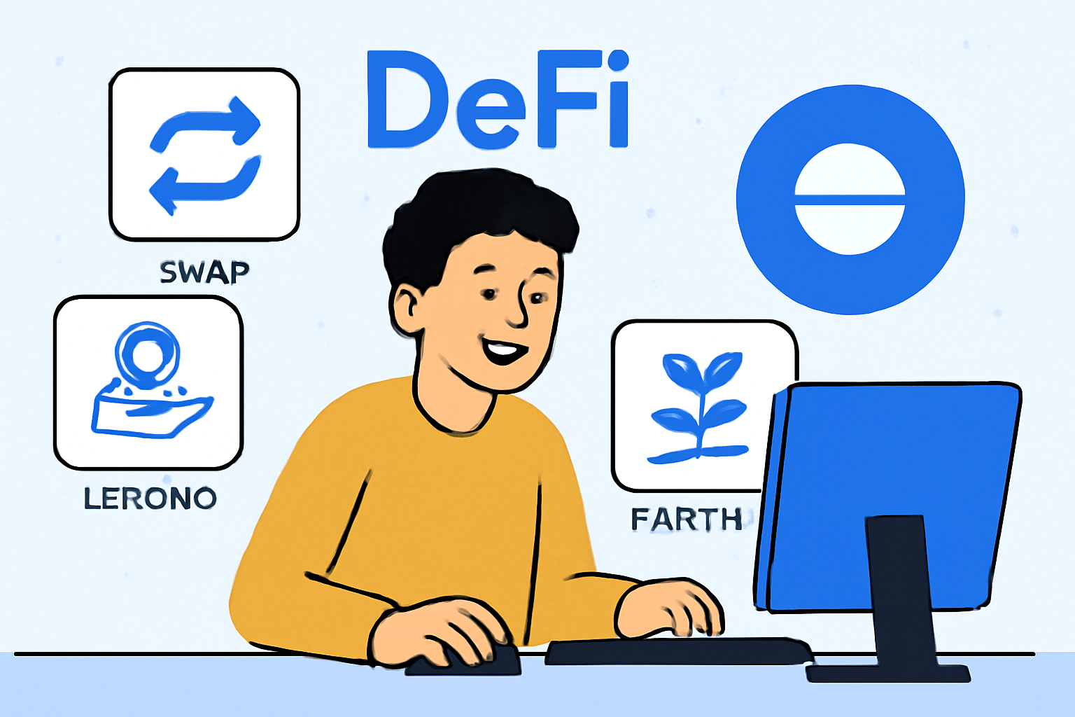 A person happily exploring different DeFi apps on a computer, with icons for swaps, lending, and farming, and Base logo in the background.