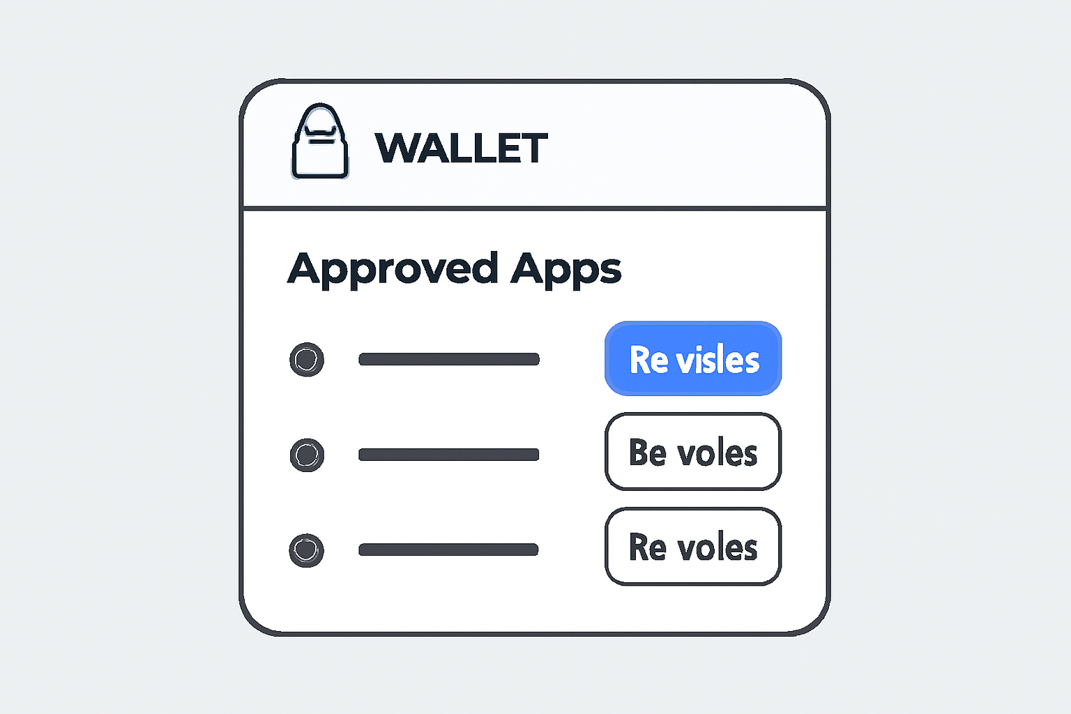 A wallet interface showing a list of approved apps, with a 'Revoke' button highlighted, and a padlock icon, clear and simple