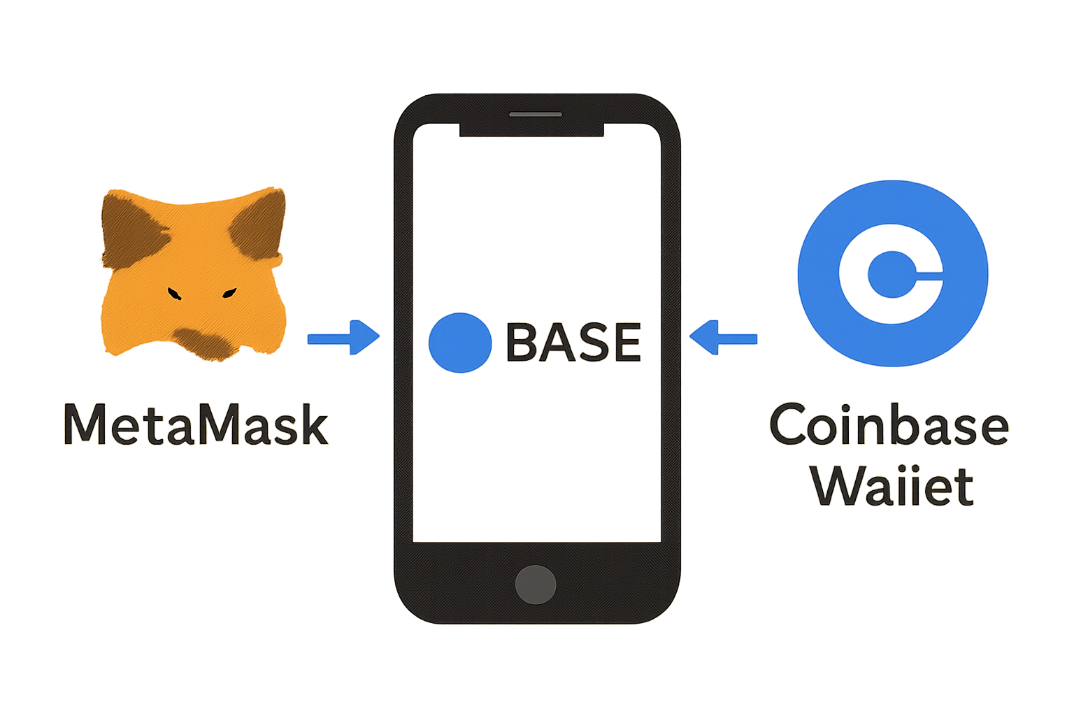 A selection of crypto wallet logos (MetaMask fox, Coinbase Wallet) connected to the Base logo, with a smartphone in the center.