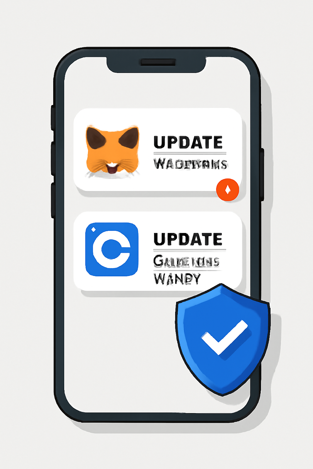 A smartphone showing MetaMask and Coinbase Wallet apps with an update notification and a shield icon, in a modern, clean style