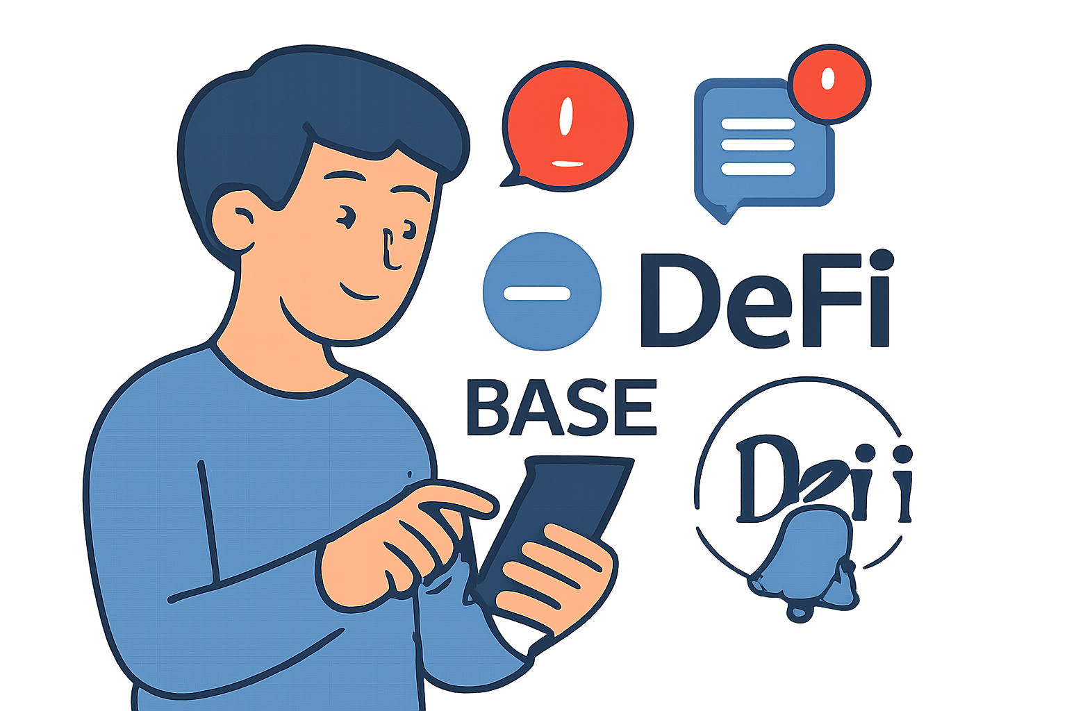 A person checking updates on their phone, with Base and DeFi logos, surrounded by notification icons, friendly and informative