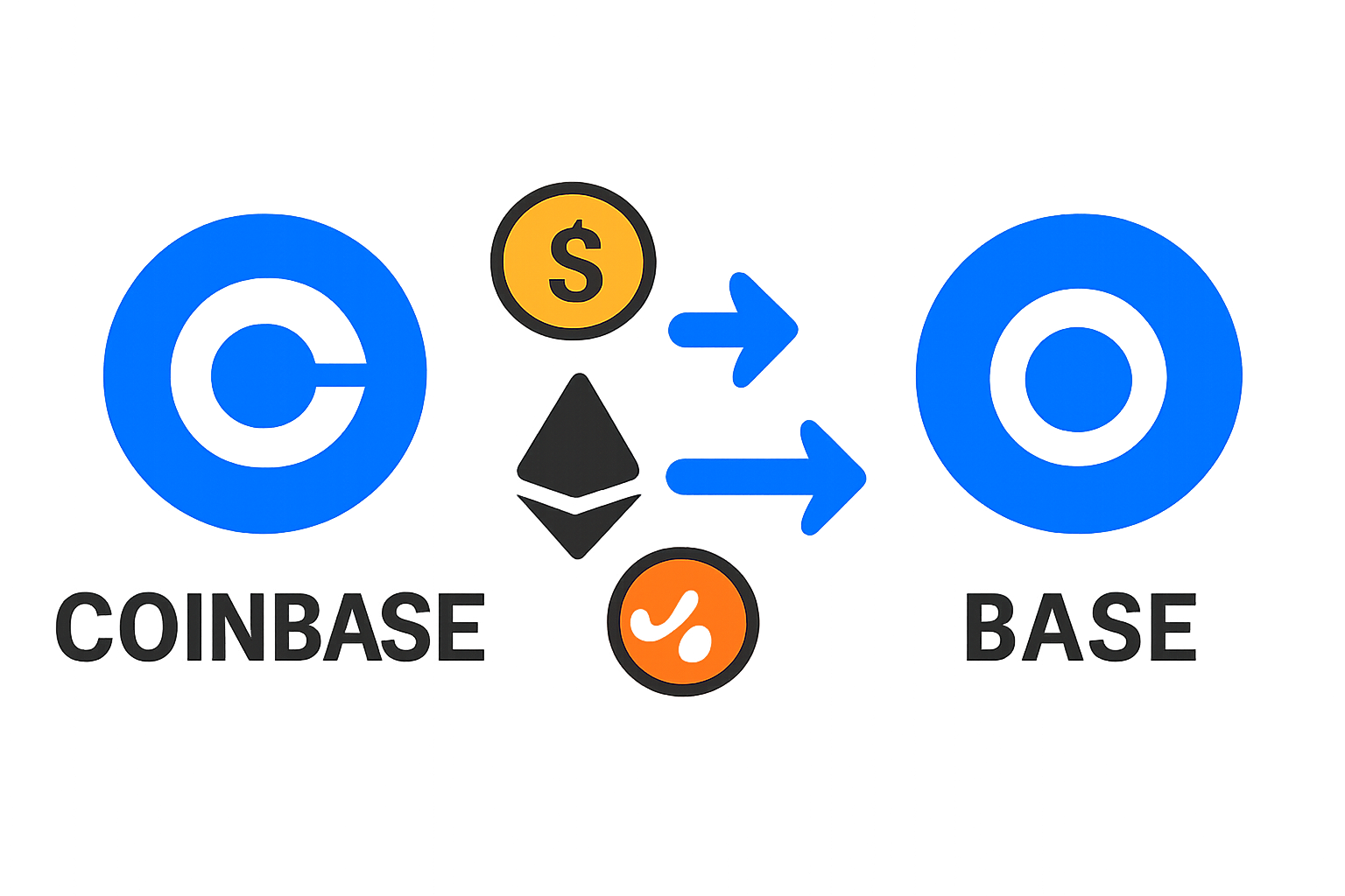 Digital assets moving from a Coinbase logo to the Base blockchain logo, with arrows showing the transfer.