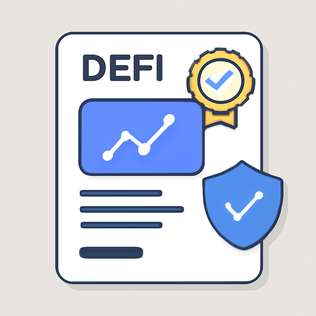 A DeFi app interface with a visible audit certificate badge and a security shield icon.
