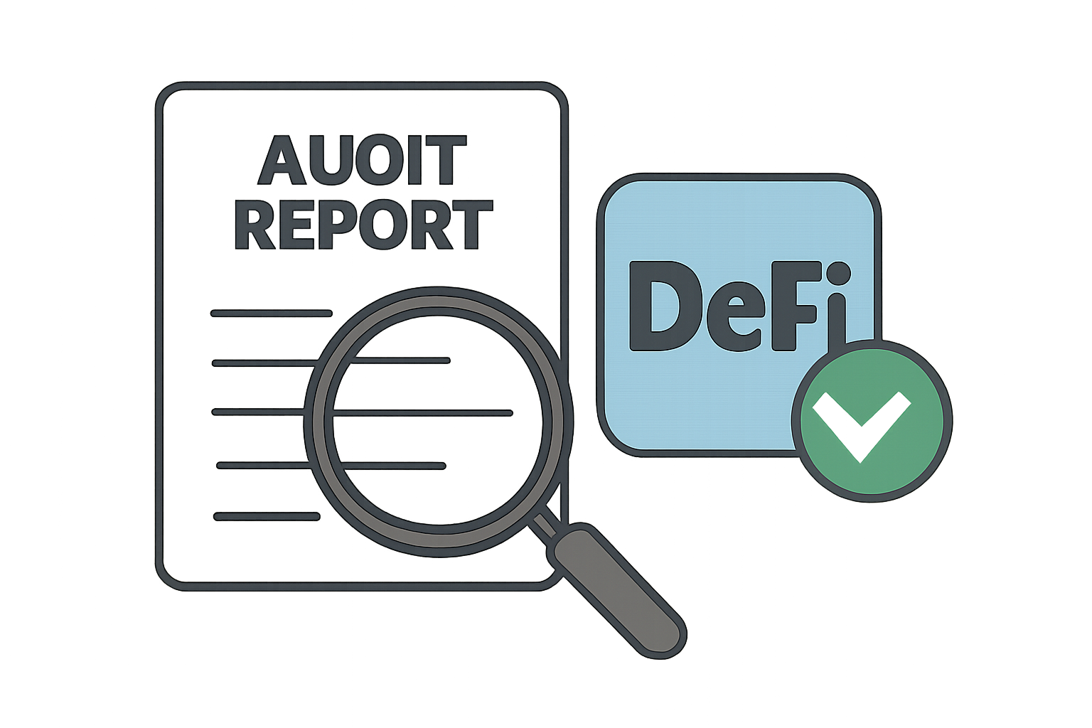 A magnifying glass examining a document labeled 'Audit Report' next to a DeFi app logo, with a green checkmark, digital illustration