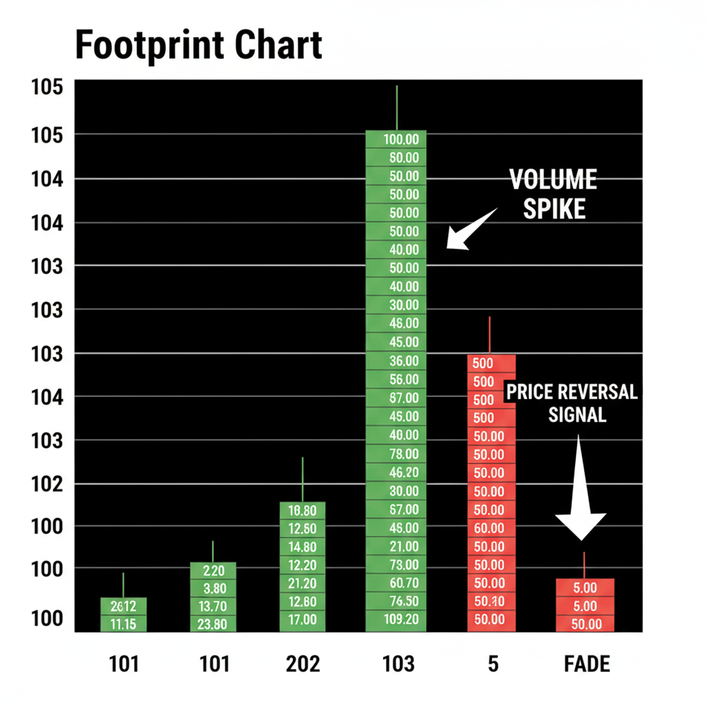 footprint chart exhaustion pattern, volume spike then fade, price reversal signal
