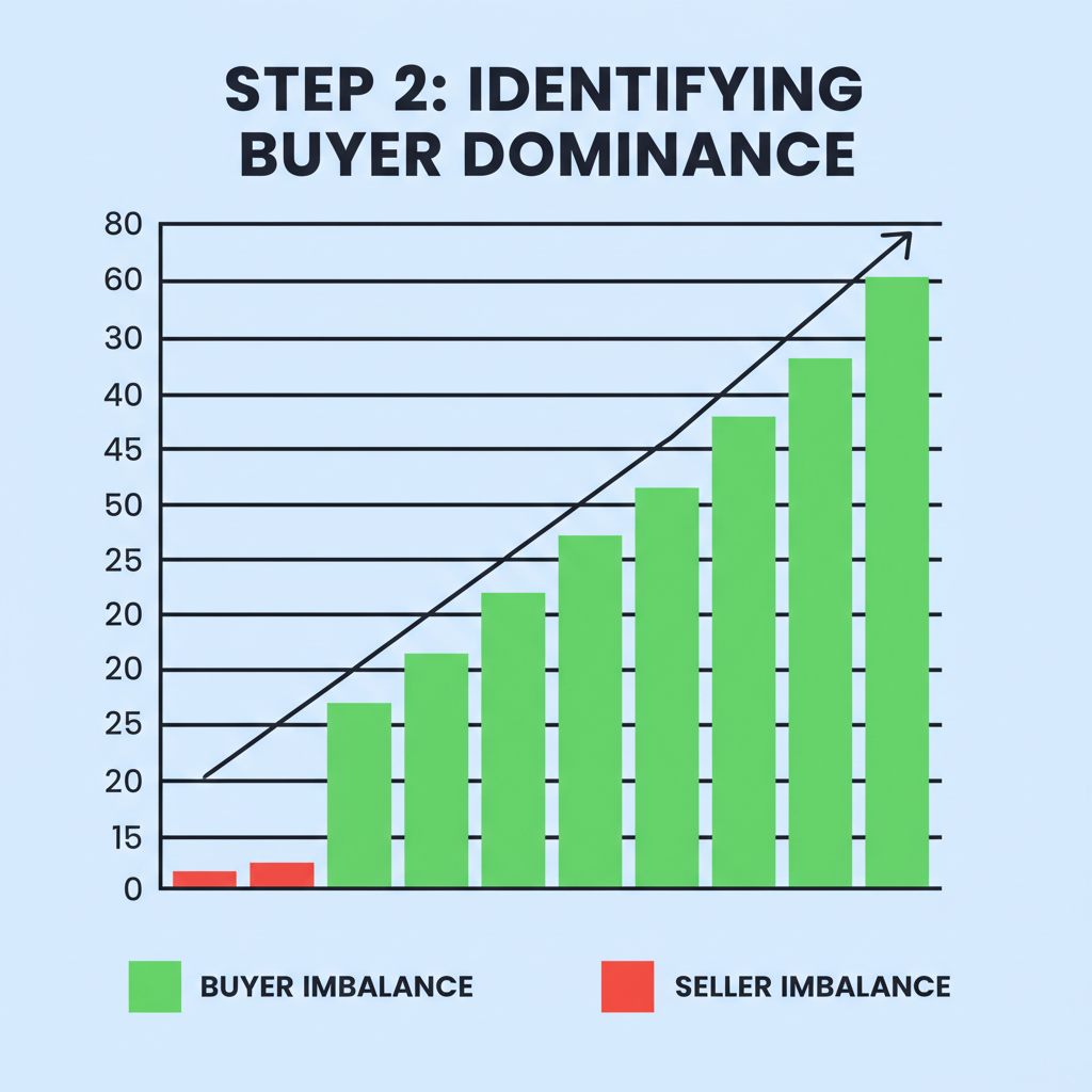 footprint chart showing strong buyer imbalance, stacked green volumes dominating price level