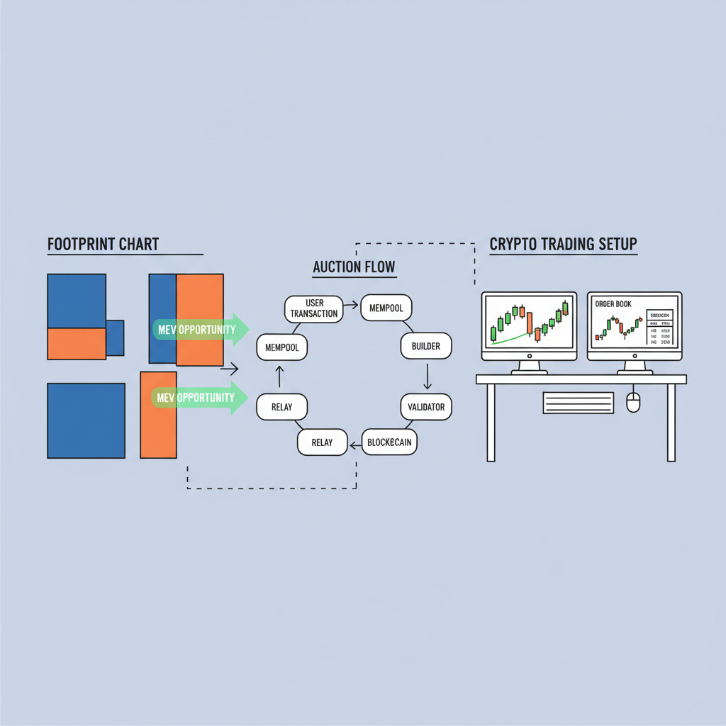 footprint charts overlay with MEV opportunity arrows, auction flow diagram, crypto trading setup