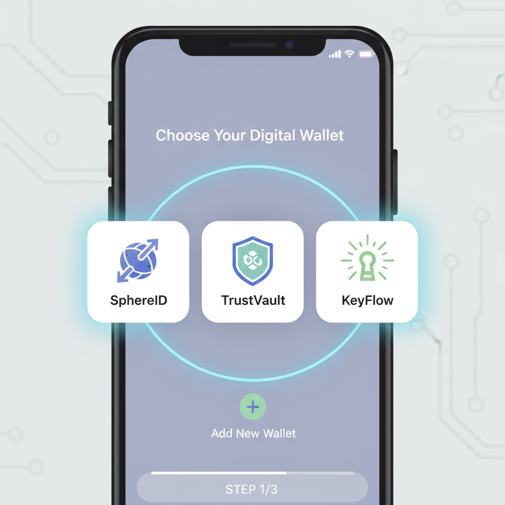 smartphone screen showing SSI wallet app selection, interoperable icons, clean futuristic UI