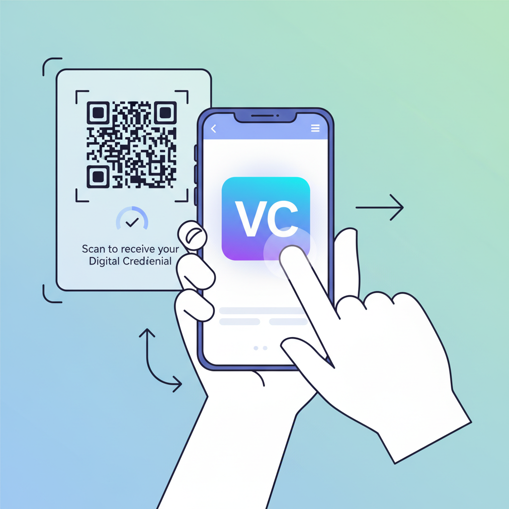user scanning QR code to receive digital credential in mobile wallet, glowing VC icon