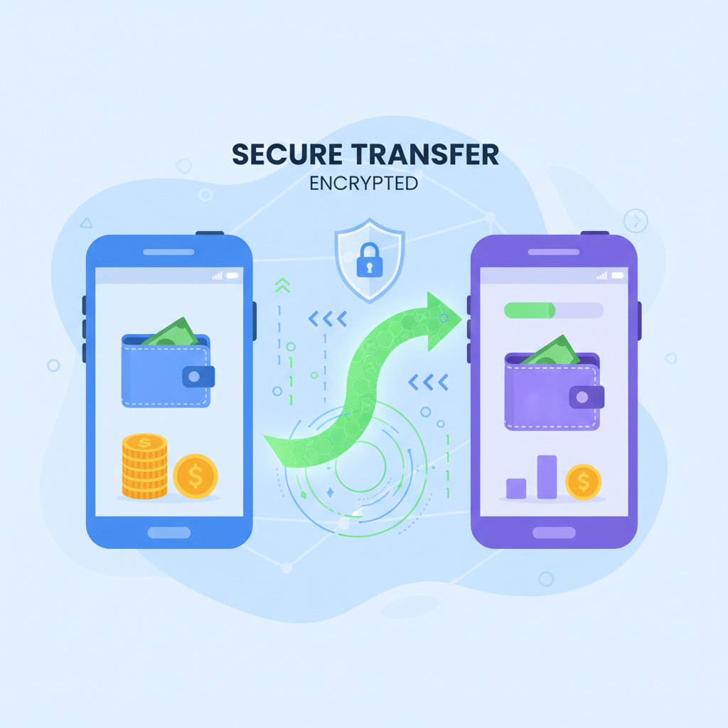data transferring between two smartphone wallets via arrow, secure encryption visuals