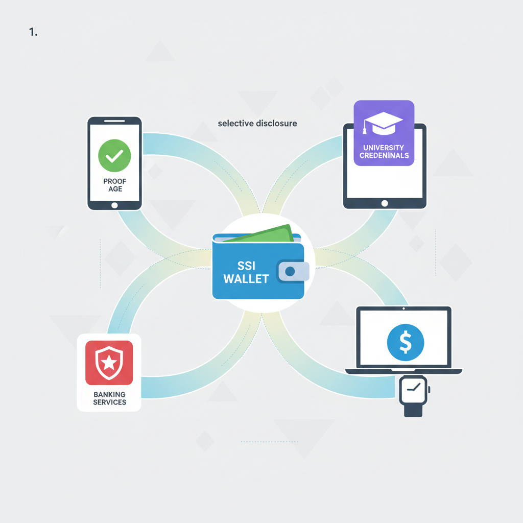 SSI wallet integrating with various app icons, selective disclosure rays, diverse devices