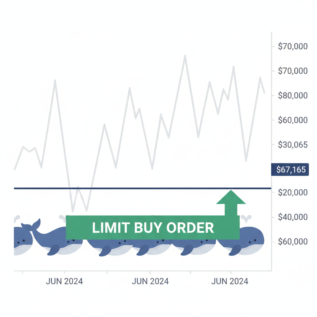 bitcoin price chart with limit buy order at $67,165 support line, green arrow up, whale icons accumulating