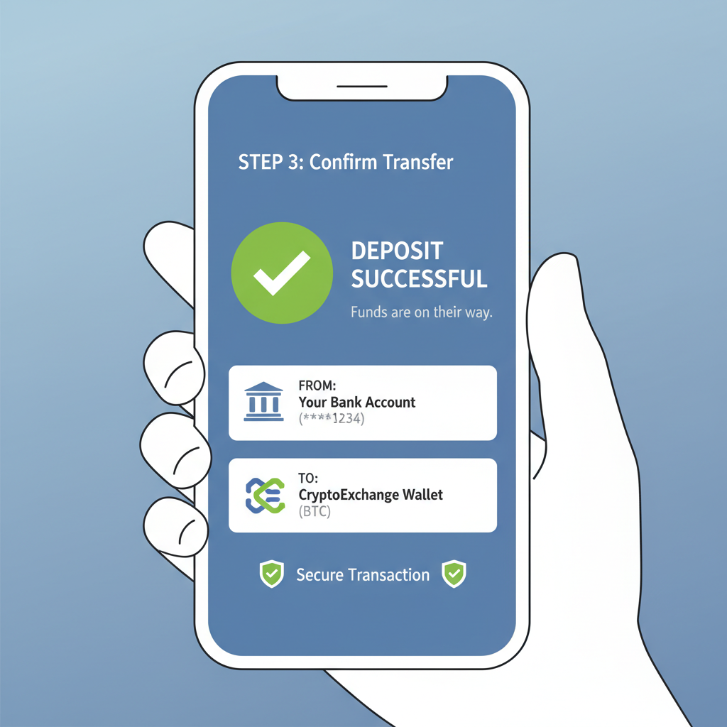 clean illustration of smartphone app showing ACH bank deposit to crypto exchange, green checkmark, secure icons