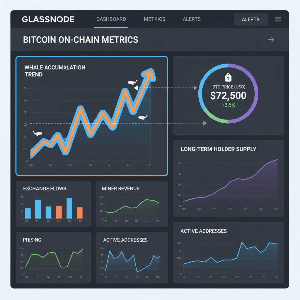 glassnode dashboard screenshot style, bitcoin metrics charts, whale accumulation graph highlighted