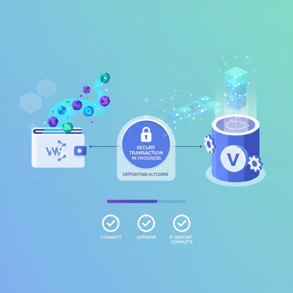 wallet connecting to DeFi vault depositing glowing altcoins, secure transaction screen, blockchain visuals