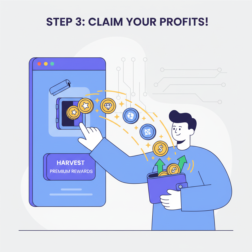 user harvesting glowing premium rewards from DeFi vault interface, coins flowing out, success animation