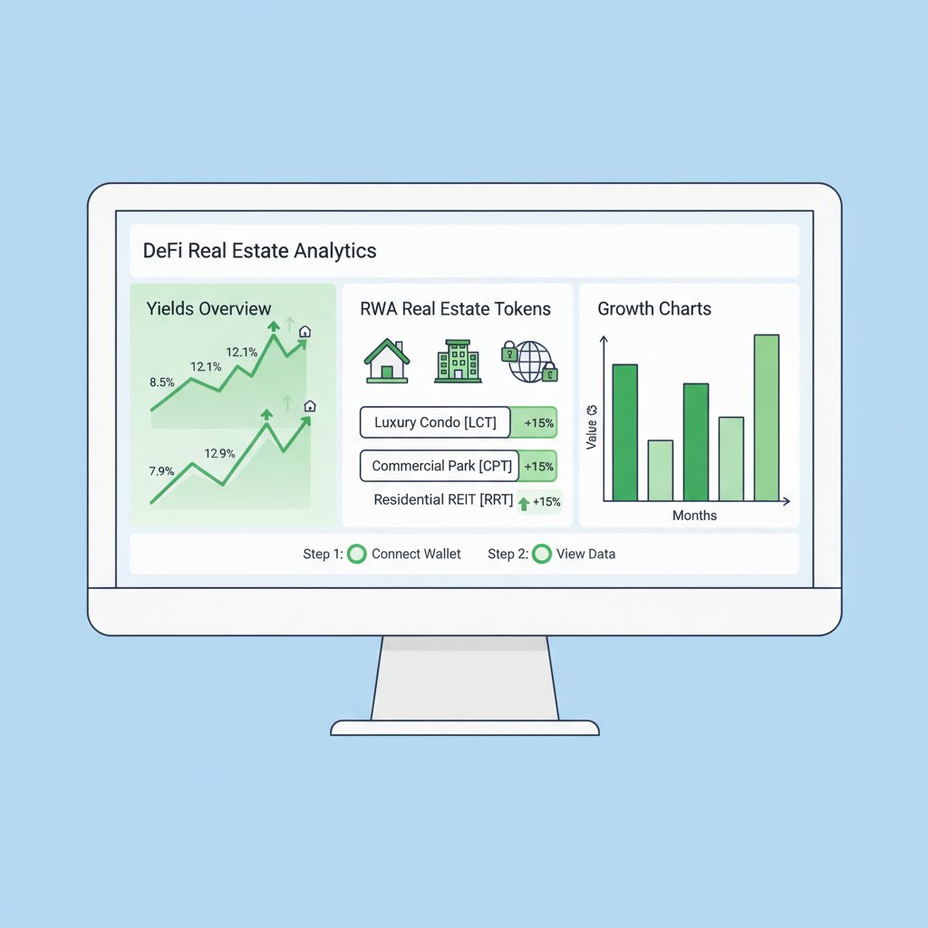 DeFi analytics dashboard showing yields charts, RWA real estate tokens, green upward graphs