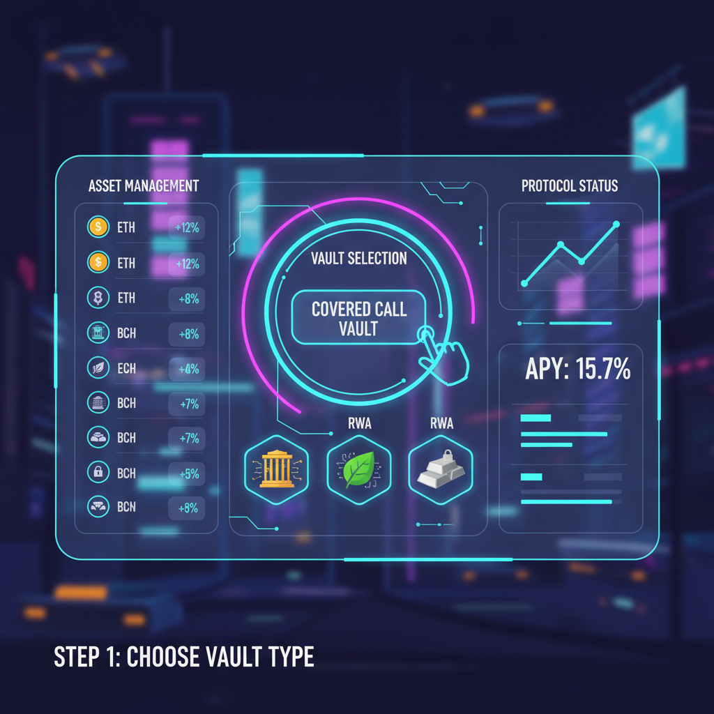 futuristic DeFi dashboard selecting covered call vault with RWA icons, glowing UI, cyberpunk neon