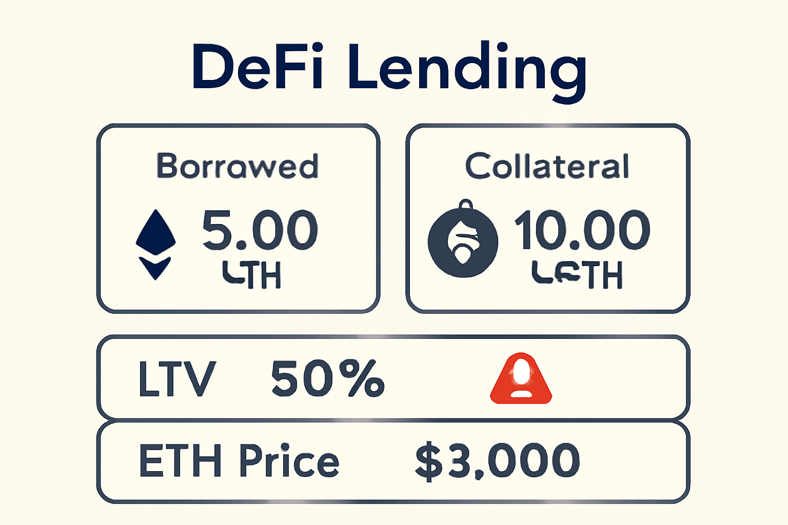 A DeFi lending dashboard showing borrowed ETH and stETH collateral, with warning icons for LTV ratios and the ETH price displayed.