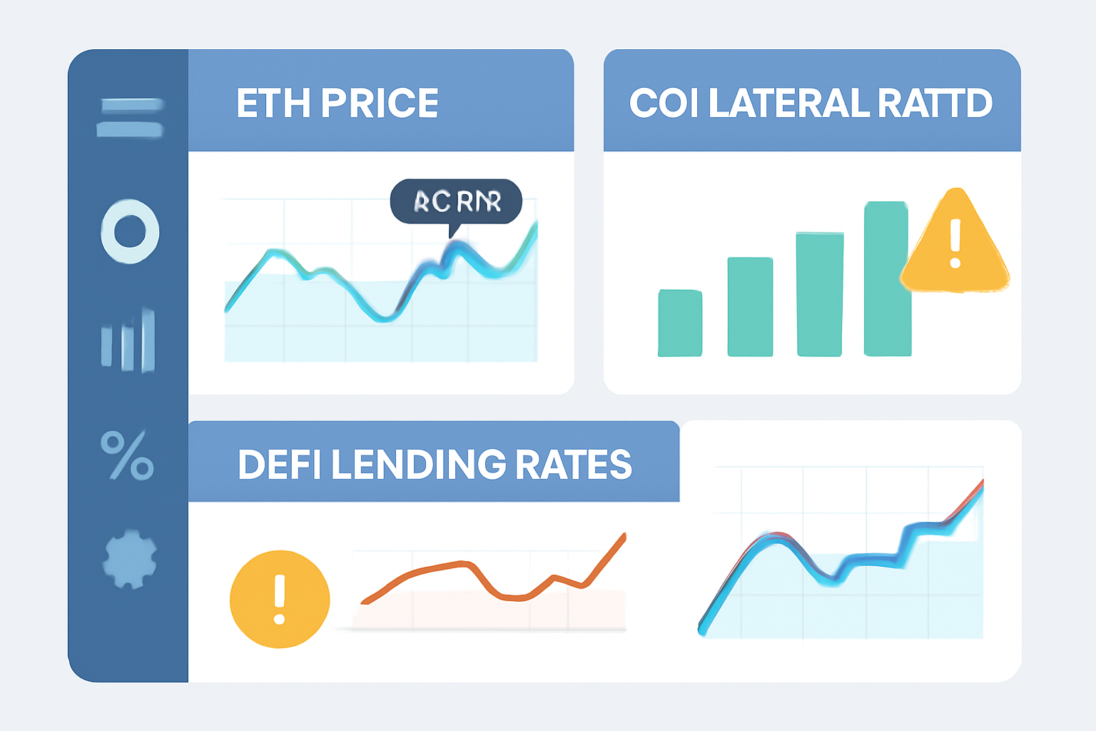 A dashboard with real-time charts of ETH price, collateral ratios, and DeFi lending rates, with alert icons for risk management.