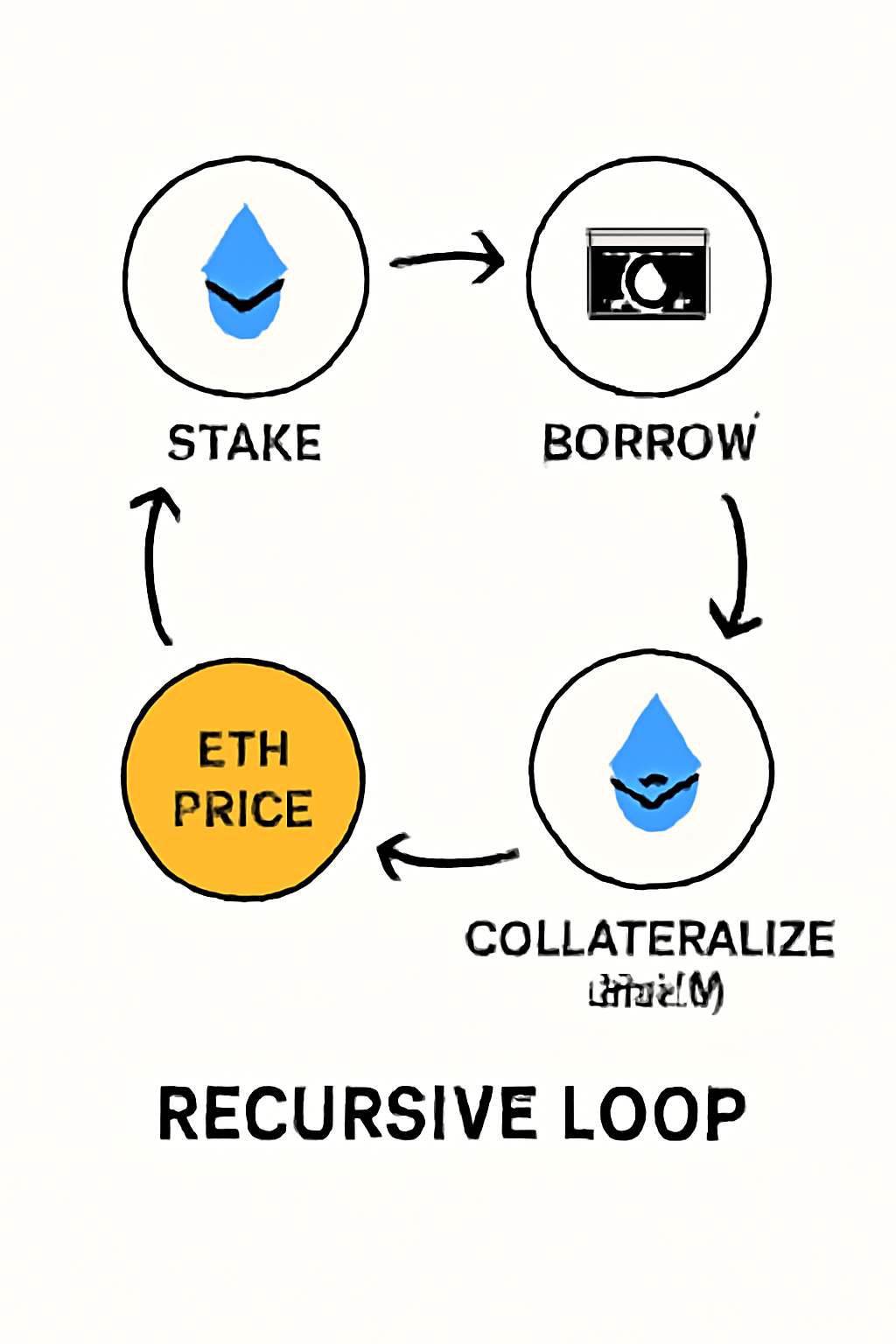 A recursive loop diagram showing multiple iterations of staking, borrowing, and collateralizing stETH, with ETH price highlighted.
