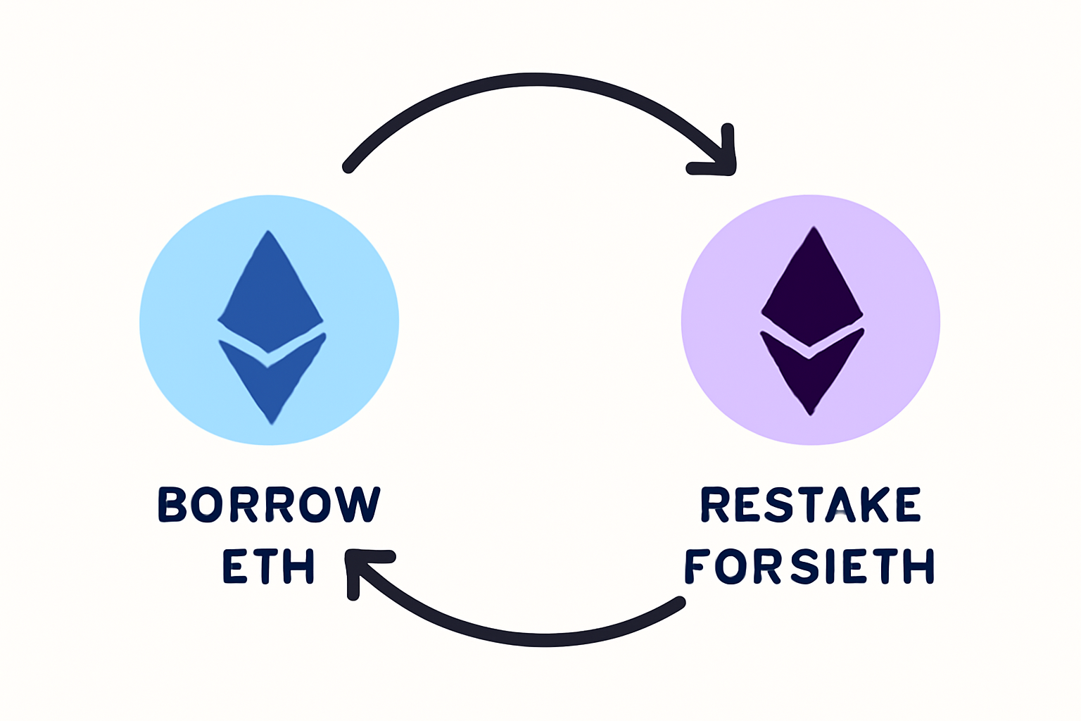 A cycle of borrowing ETH and restaking it to receive additional stETH tokens, with arrows indicating the loop.