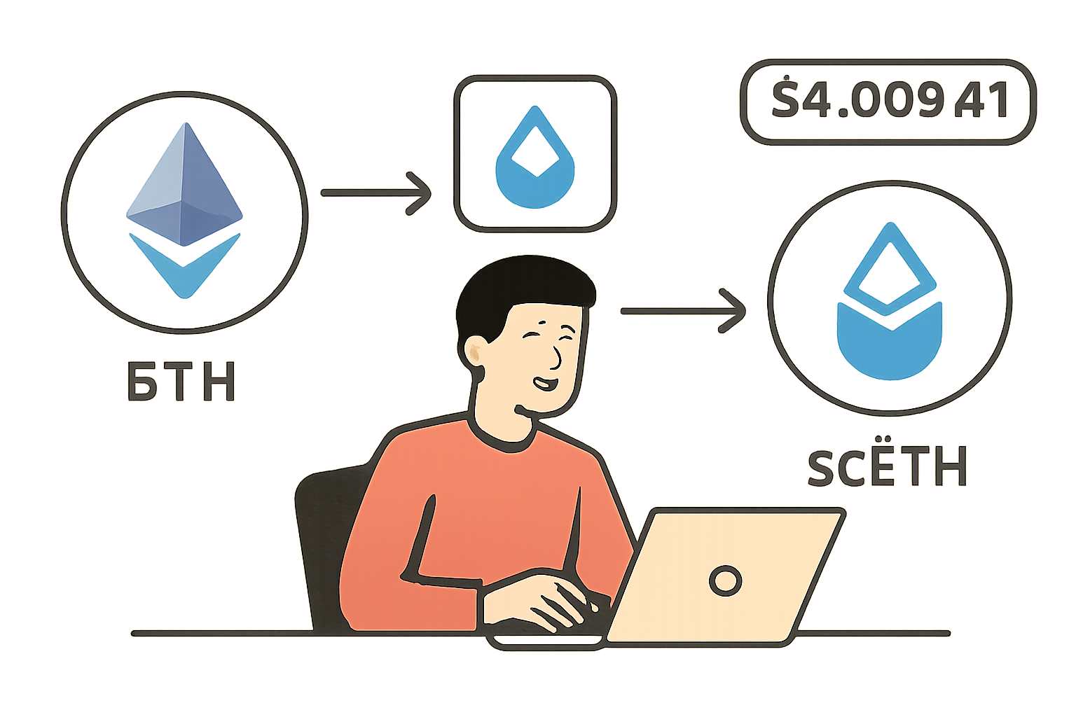 A user staking Ethereum on Lido and receiving stETH tokens, with ETH and stETH logos and a $4,009.41 price tag.