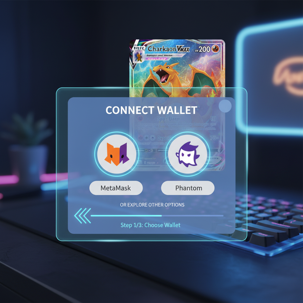 sleek crypto wallet setup interface with MetaMask and Phantom icons, Pokémon card in background, futuristic UI