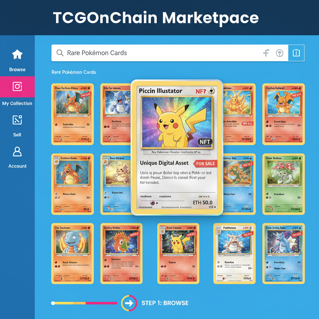 vibrant TCGOnChain marketplace UI browsing rare Pokémon cards, holographic Pikachu Illustrator NFT display