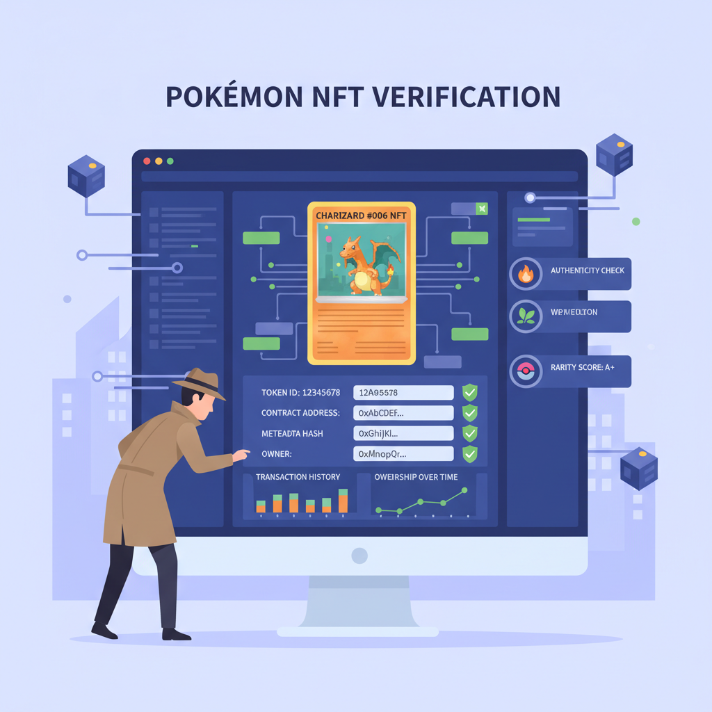 detective analyzing Pokémon card NFT metadata on blockchain explorer, verification icons and charts