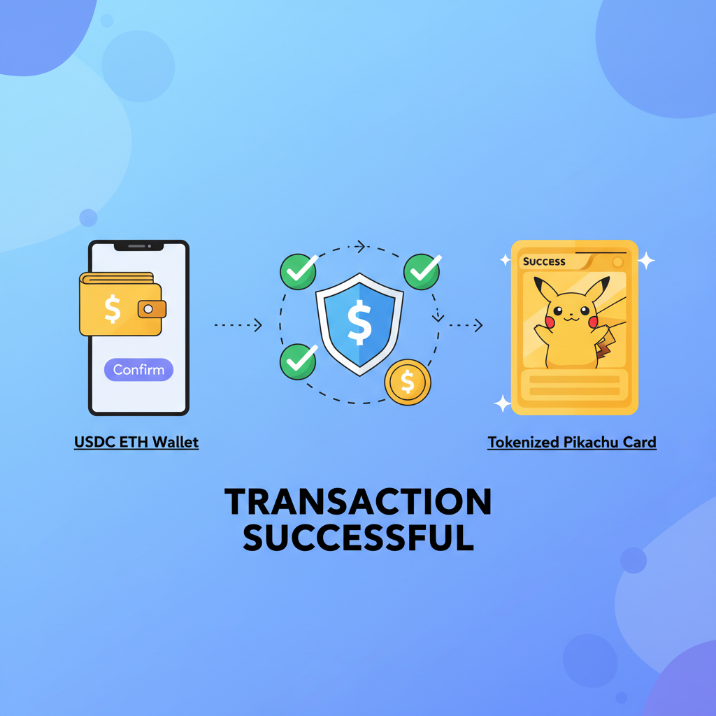 wallet connected buying tokenized Pikachu card with USDC ETH, success transaction animation