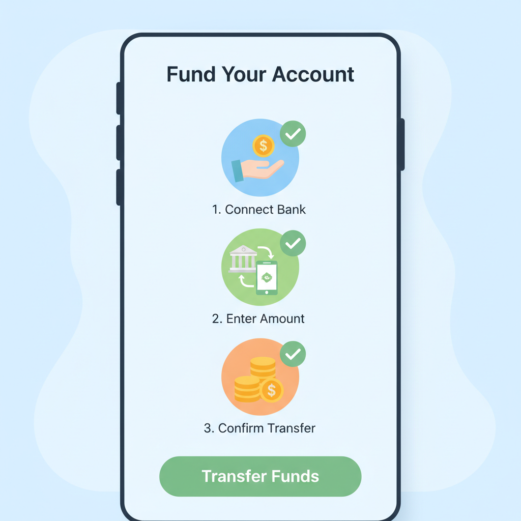 beginner funding brokerage account on app, bank transfer screen, green checkmarks, simple illustration