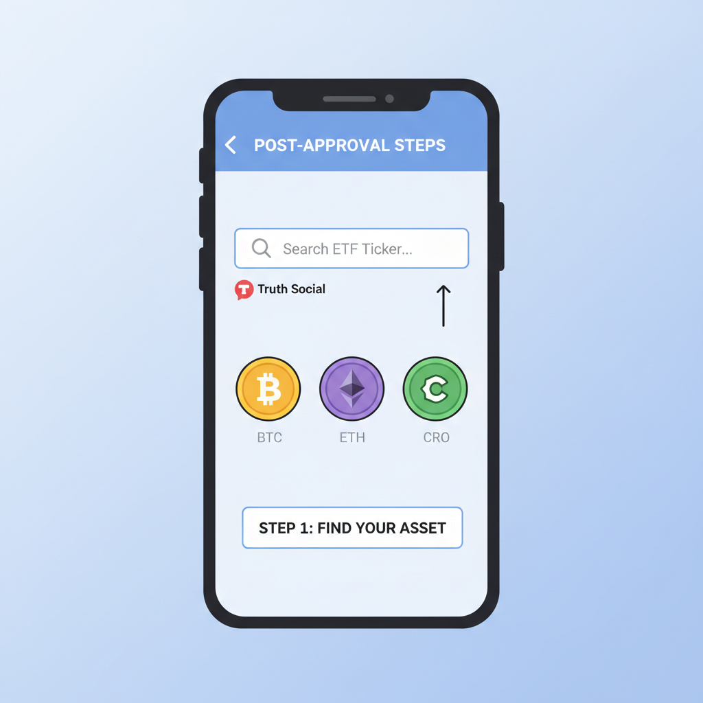 searching ETF ticker on brokerage app post-approval, Truth Social logo, bitcoin ether cronos icons