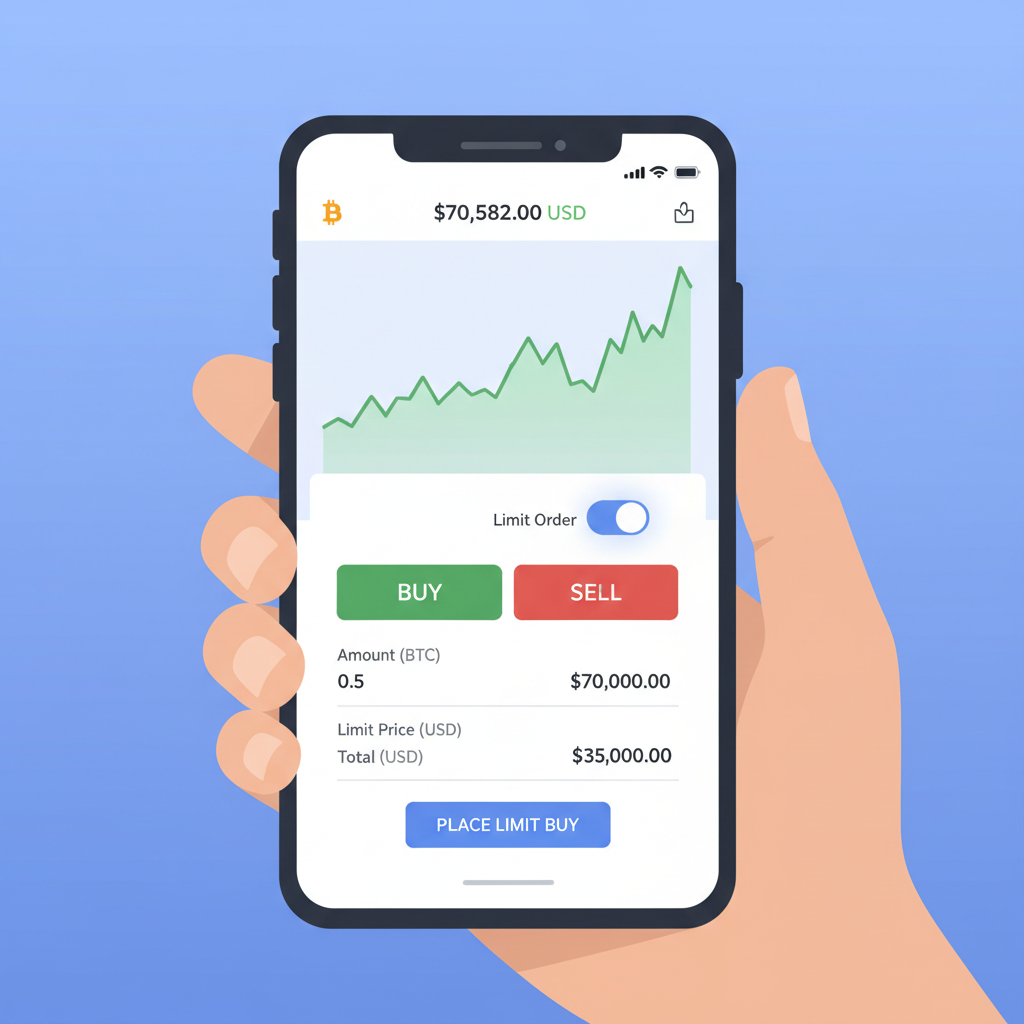 placing limit order on trading app, buy button, bitcoin chart at $70,582, clean UI