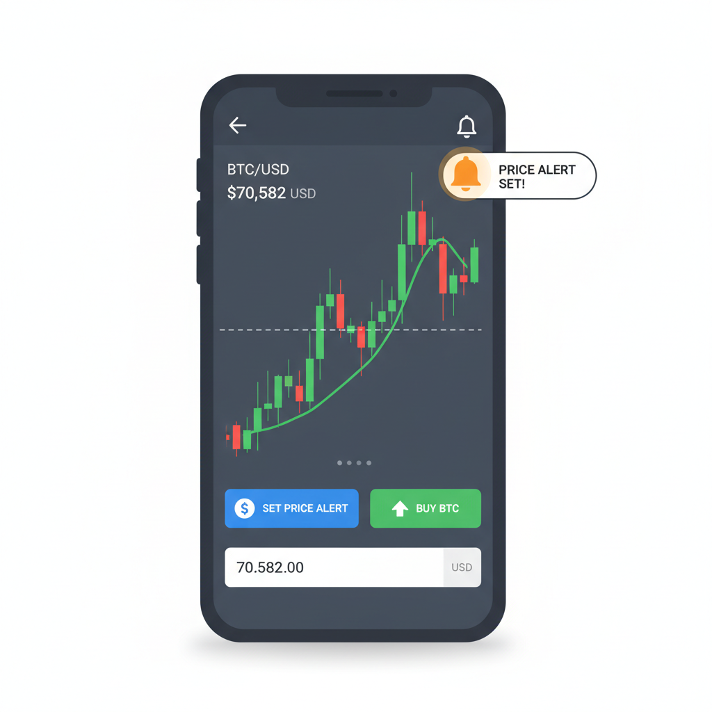 setting bitcoin price alert at $70,582 on mobile app, notification bell, BTC chart