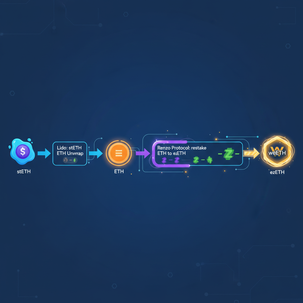 flowchart of stETH transforming into weETH token, glowing wrapper animation, DeFi pipeline style