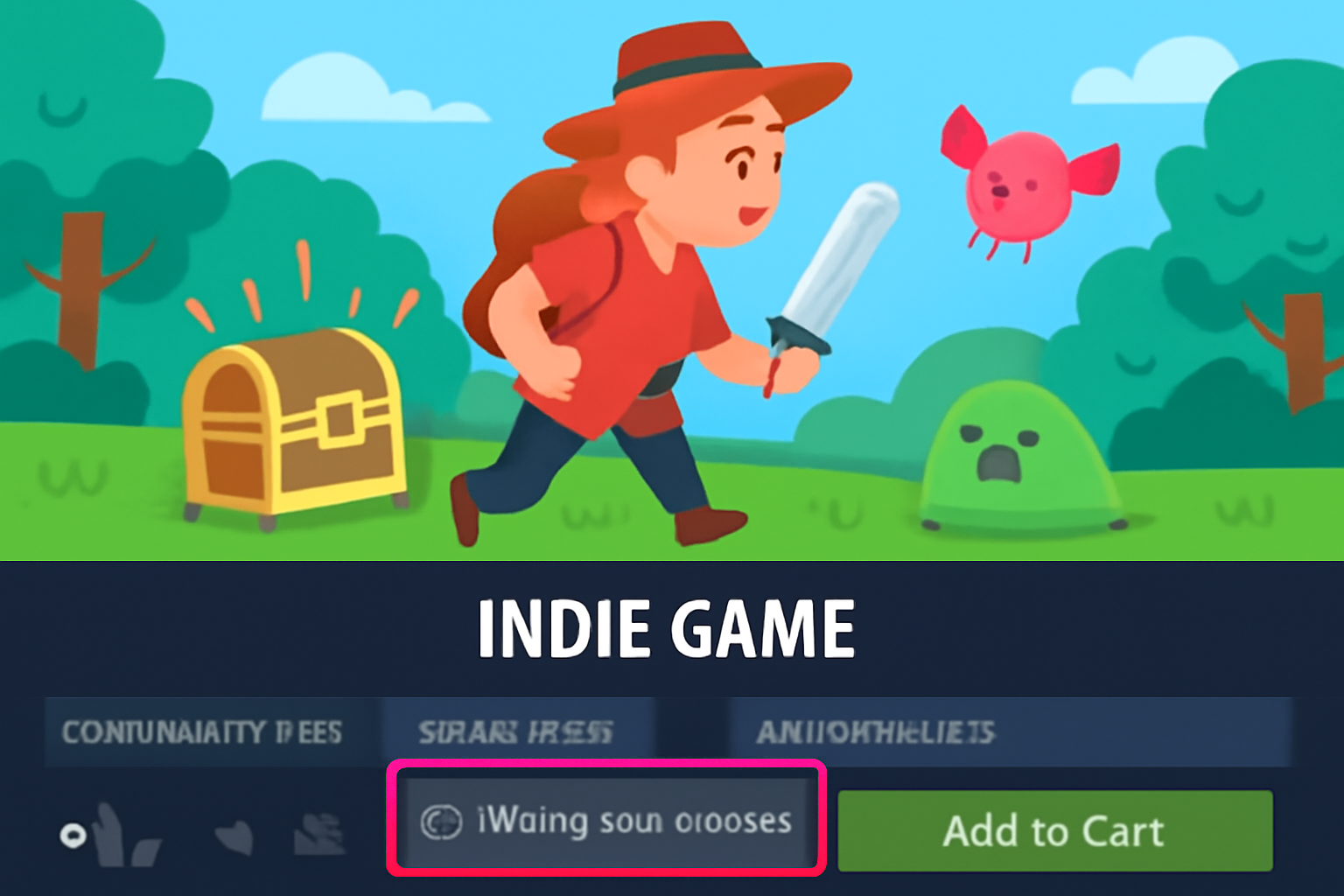 A Steam store page with the 'Add to your wishlist' button highlighted, set against vibrant indie game artwork