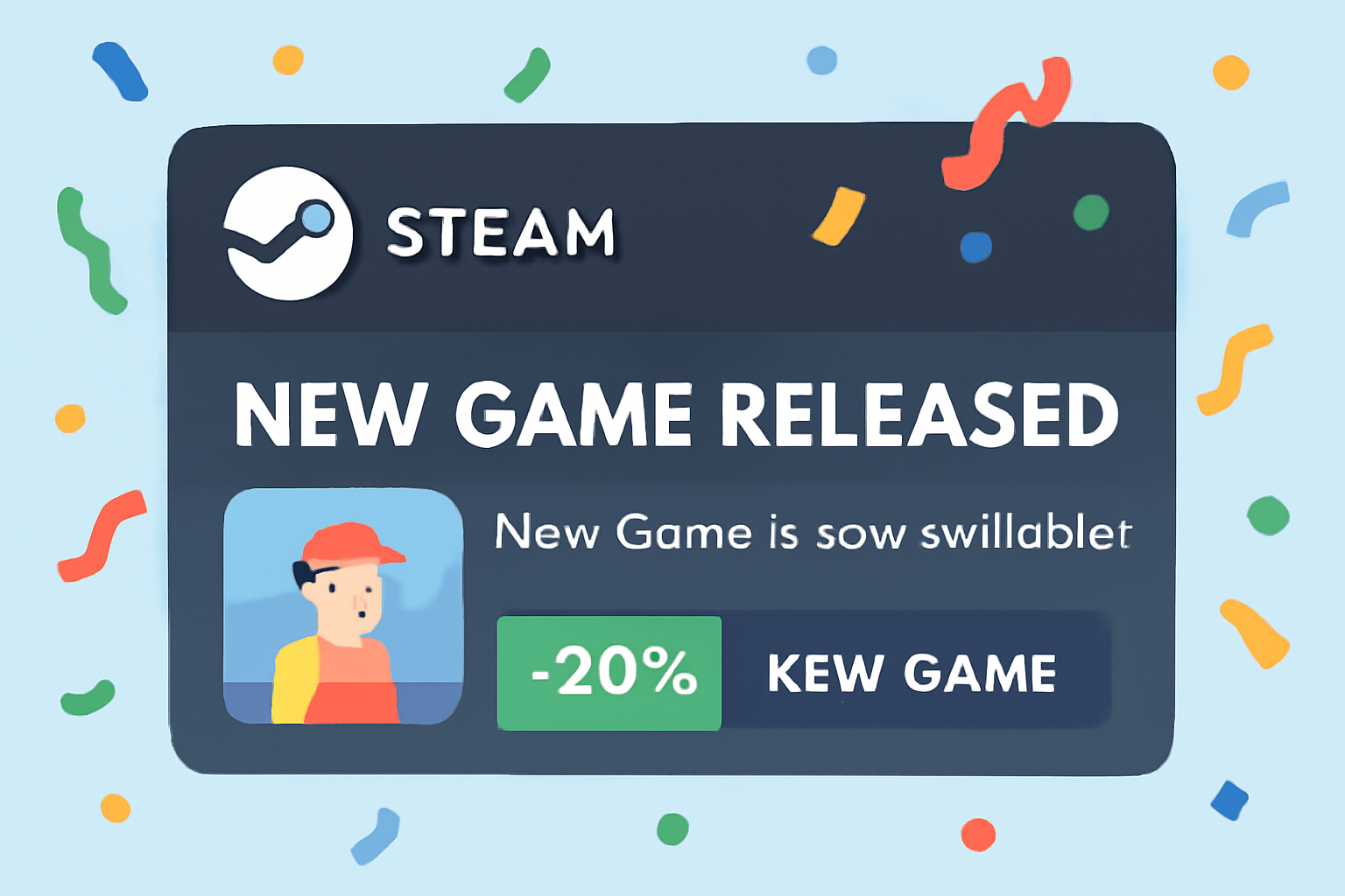 A notification pop-up from Steam showing a game release and discount alert, with playful confetti effects