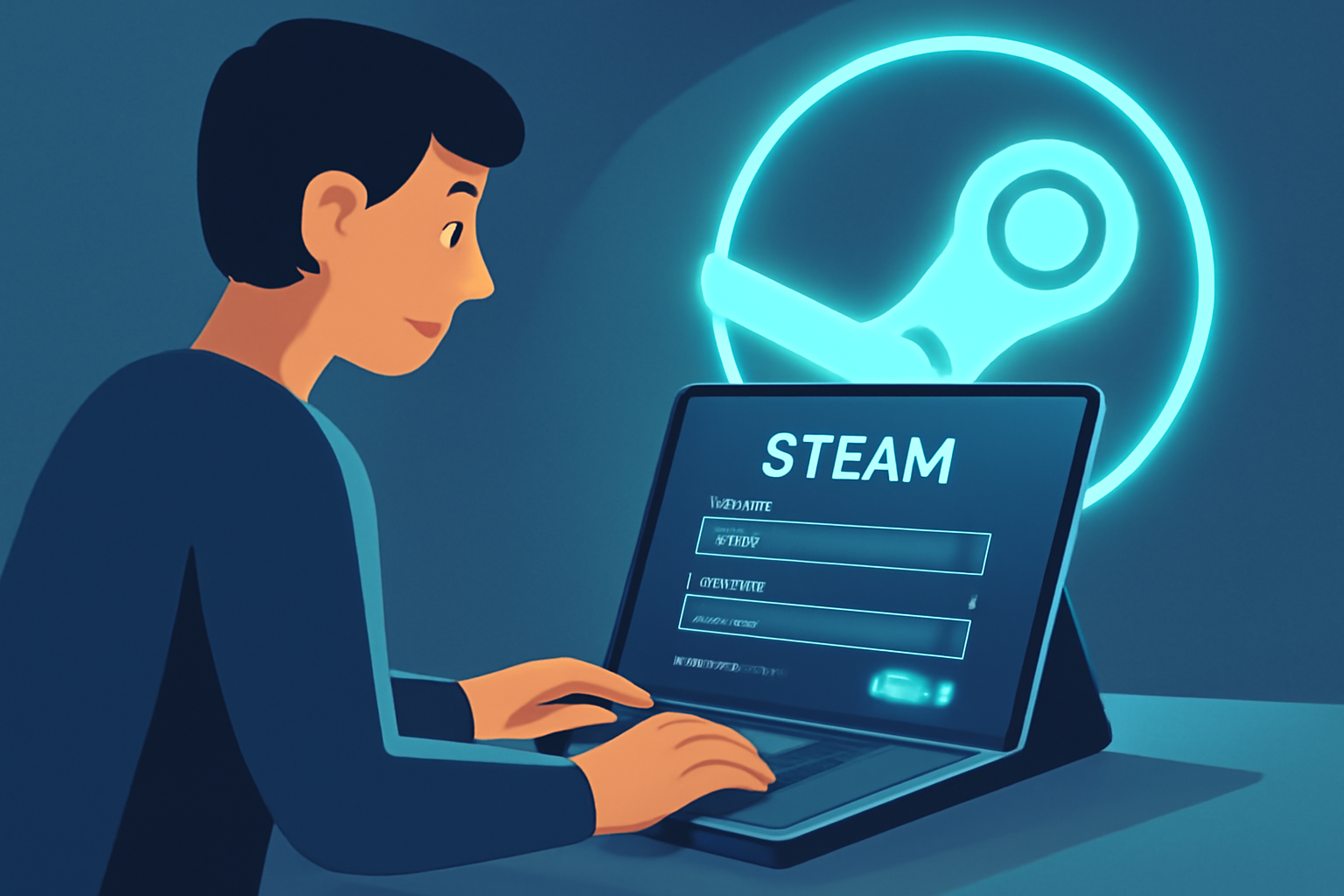 A person logging into the Steam client on a futuristic laptop, with a glowing Steam logo in the background